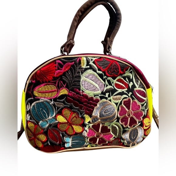 Mexican Floral Embroidered Suede Leather Handbag Colorful Medium Handmade - Picture 3 of 12